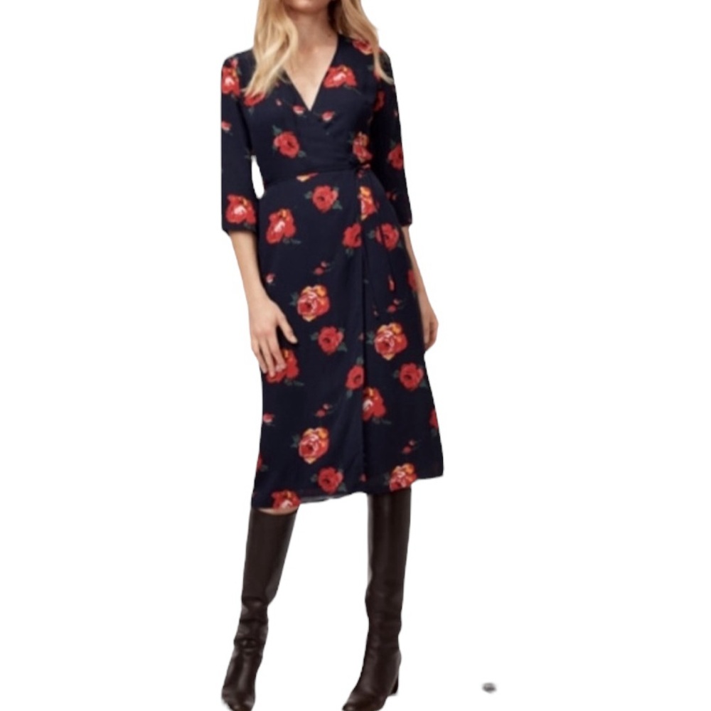 Babaton Theo wrap midi dress 3/4 sleeve blue rose print XS excellent condition